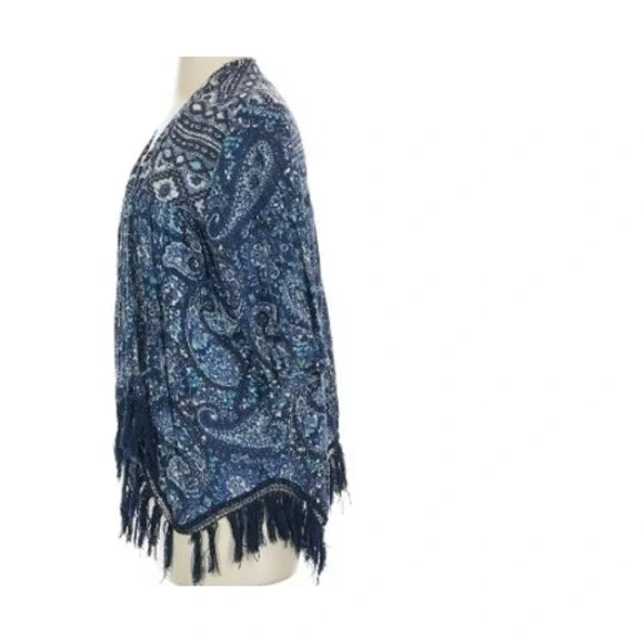 Hollister Blue Paisley Fringe Kimono Cardigan Open Front Boho Top Small - Picture 2 of 7